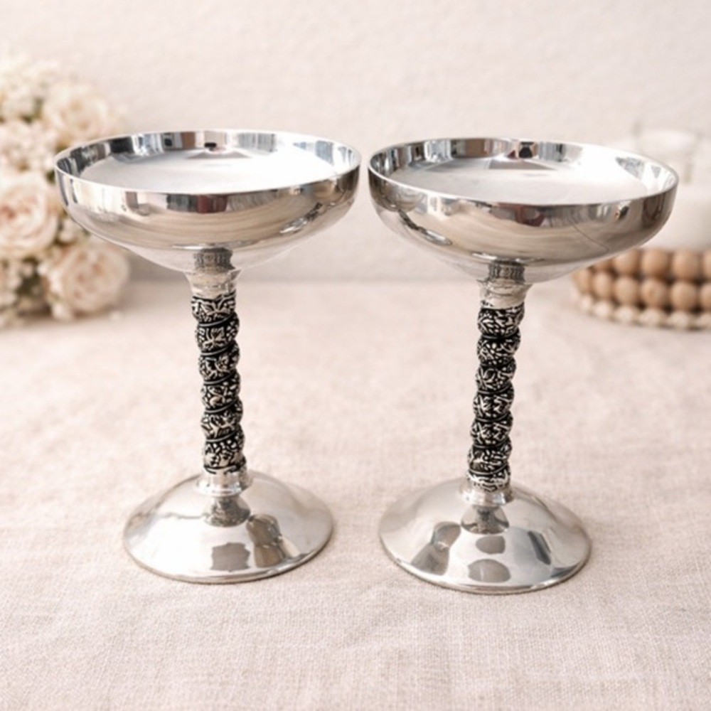 Silver Plated Goblets Ornate Stem Wine Chalice Set of 2 Vintage Style